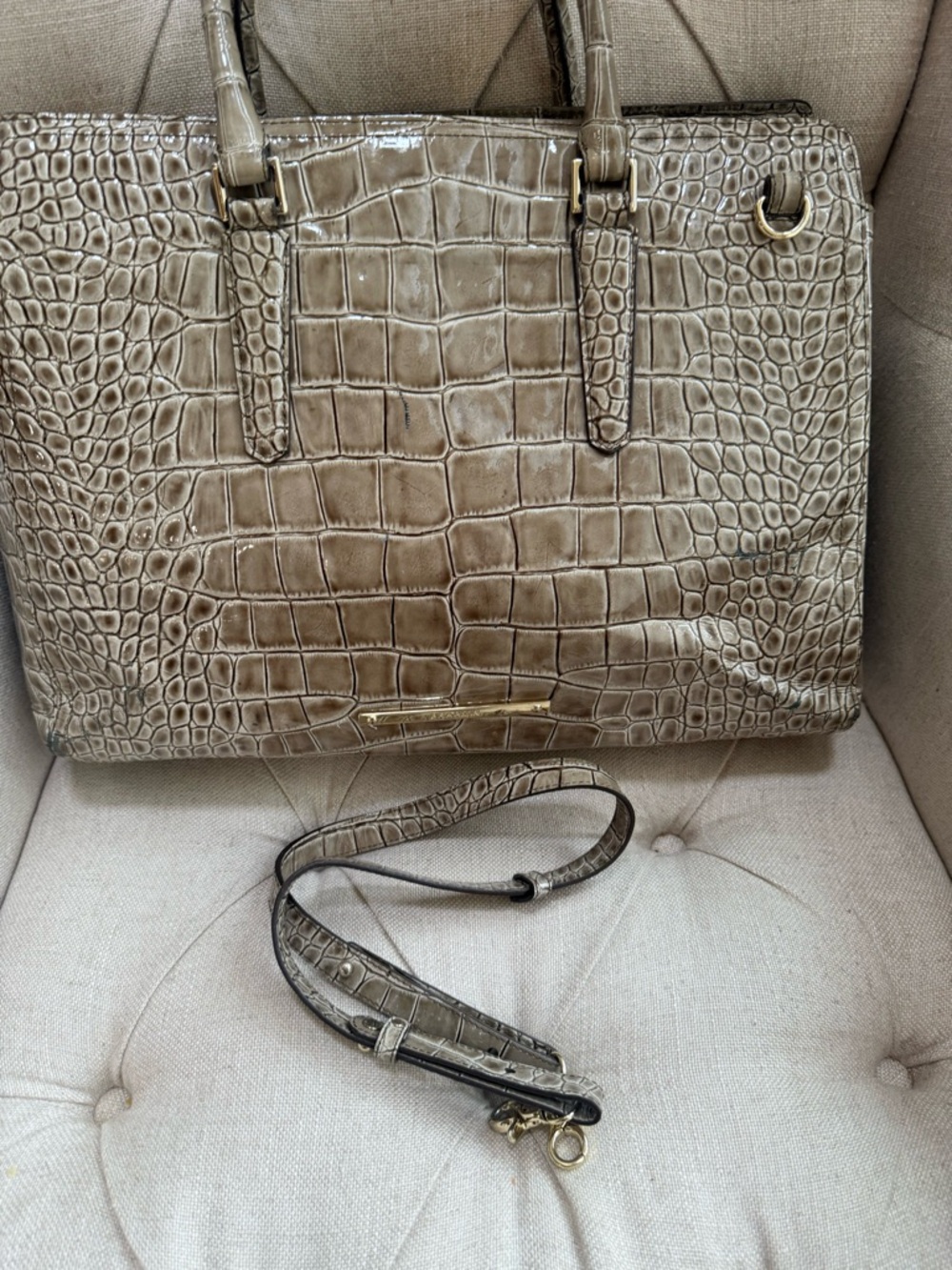 Brahmin Finley Carryall Croc Embossed Leather Taupe Melbourne Satchel Bag - Picture 3 of 10